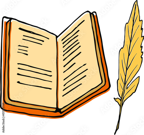 Vector illustration of opened book or notebook with writing feather. Hand-drawn sketch, doodle, icon, logo 