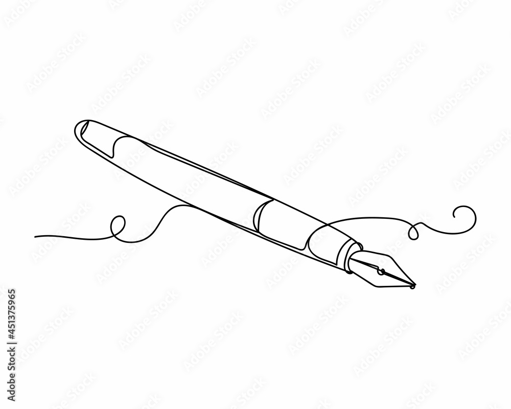 Continuous one line drawing of beautiful fountain pen in silhouette on a white background. Linear stylized.Minimalist.
