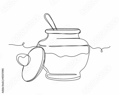 Continuous one line drawing of sugar or salt or soda bowl with spoon in silhouette on a white background. Linear stylized.Minimalist.