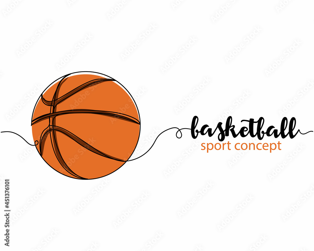 Continuous one line drawing of basketball ball sport concept in silhouette on a white background. Linear stylized.Minimalist.