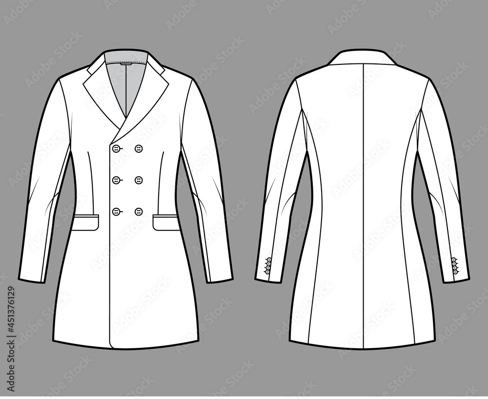 Fitted jacket double breasted suit technical fashion illustration with long sleeves, notched lapel collar, flap pockets, fingertip length. Flat coat template front, back, white color. Women, men CAD