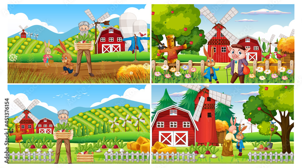 Set of different farm scene with old farmer man and farm animals
