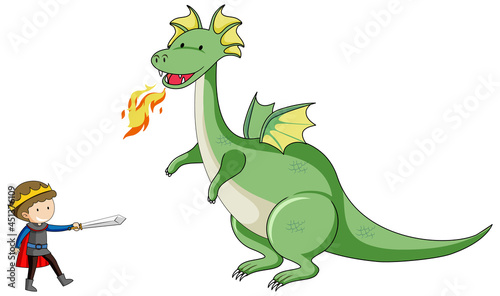 Simple cartoon character of dragon breathing fire and the knight