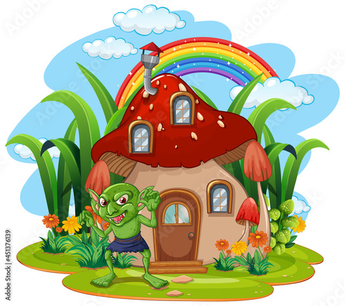 Goblin cartoon character with mushroom house