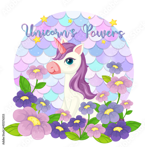 Cute unicorn cartoon character on pastel scales background isolated