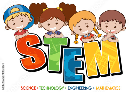 STEM education logo banner with kids cartoon character