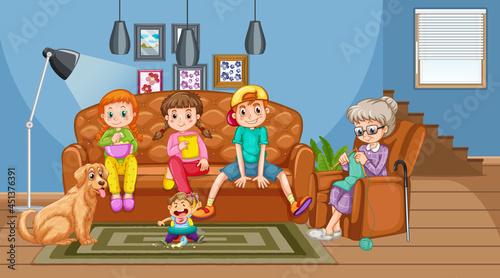 Grandmother with grandchildren in the living room scene