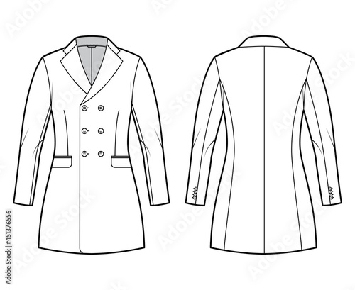 Fitted jacket double breasted suit technical fashion illustration with long sleeves, notched lapel collar, pockets, fingertip length. Flat Blazer coat template front, back, white color. Women, men CAD
