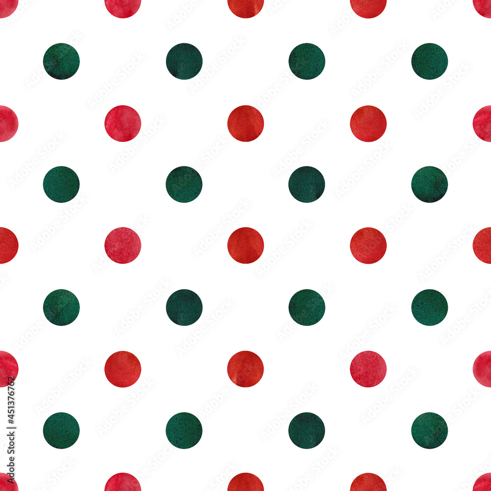 A pattern with red and green polka dots. Watercolor pattern. Background with circles. Seamless pattern for wallpaper. Green, Red. A pattern with red and green polka dots. Watercolor pattern. Background with circles. Seamless pattern for wallpaper. Green, Red.
