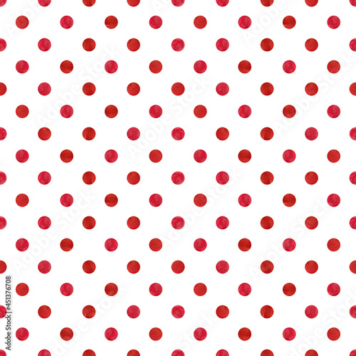 Red polka dot background. Pattern on a white background. A pattern made of circles. Romantic background. Seamless pattern.