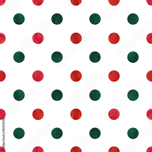 A pattern with red and green polka dots. Watercolor pattern. Background with circles. Seamless pattern for wallpaper. Green, Red.