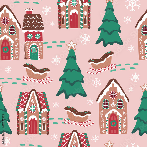 Holiday Christmas tree, gingerbread house biscuit, sweet desserts seamless pattern for fabric, linen, textiles and wallpaper
