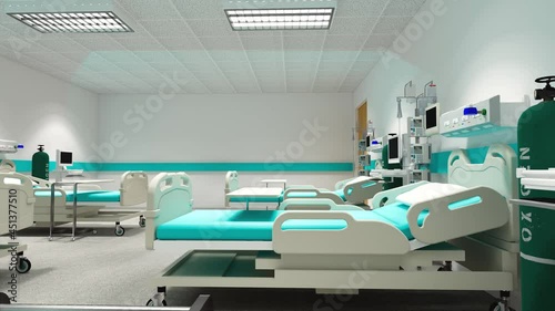 Hospital room with beds .Empty bed  and wheelchair in nursing  a clinic or hospital .3d rendering room and comfortable sofa.Modern hospital,health care concept.