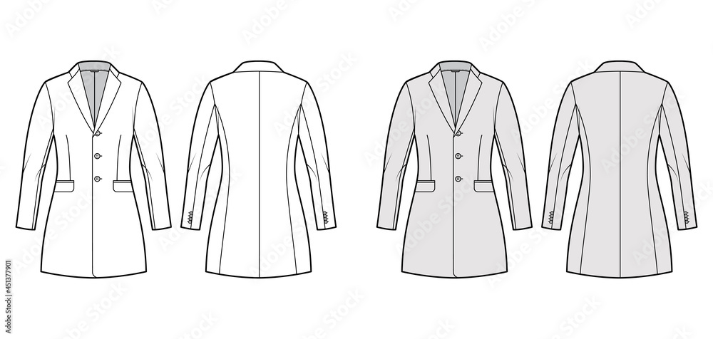Jacket fitted Blazer structured suit technical fashion illustration with single breasted, long sleeves, flap pockets, fingertip length. Flat coat template front, back, white, grey color. Women men CAD Jacket fitted Blazer structured suit technical fashion illustration with single breasted, long sleeves, flap pockets, fingertip length. Flat coat template front, back, white, grey color. Women men CAD