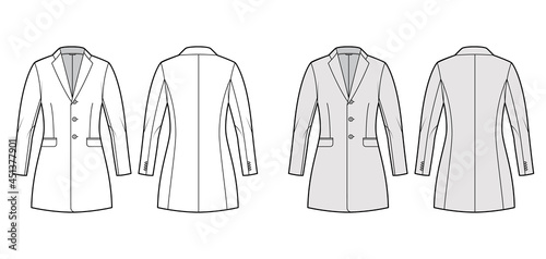 Jacket fitted Blazer structured suit technical fashion illustration with single breasted  long sleeves  flap pockets  fingertip length. Flat coat template front  back  white  grey color. Women men CAD