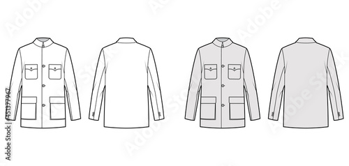 Mao jacket technical fashion illustration with oversized, classic collar, flap pockets, long sleeves, button closure. Flat coat template front, back, white, grey color. Women, men, unisex CAD mockup