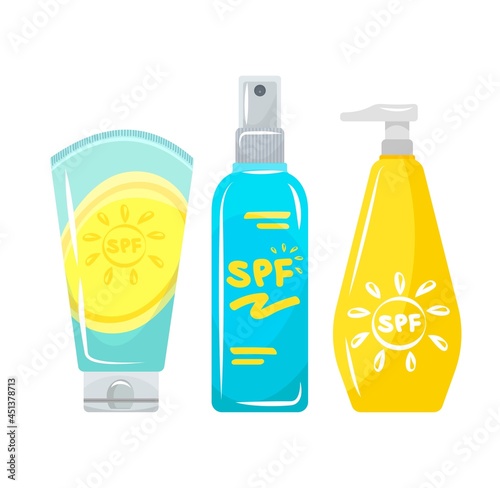 Sunscreen. SPF cream blocks the sun's rays. Set Bottle of cosmetic product for sunburn.