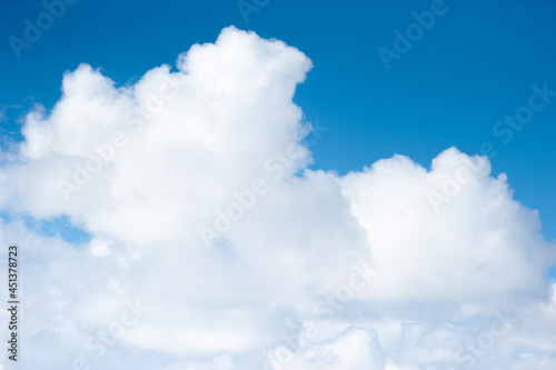 Beautiful blue sky and white clouds in soft focus. The background of nature. Cumulus cloud cover. Free flight at altitude.