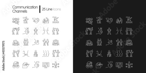 Communication channel linear icons set for dark and light mode. Body language. Language barriers. Eye contact. Customizable thin line symbols. Isolated vector outline illustrations. Editable stroke