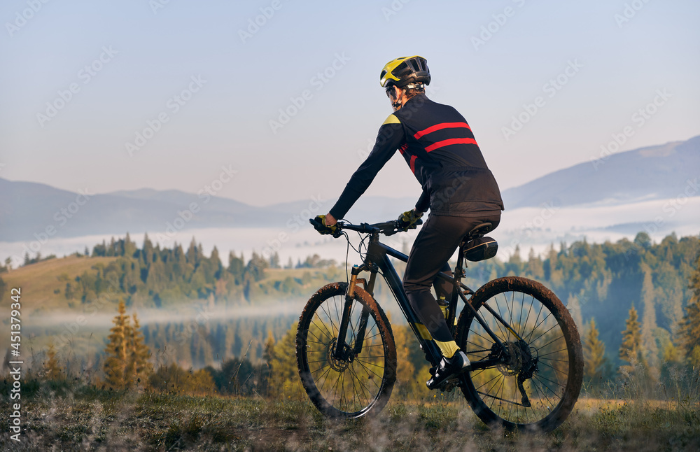 Male cyclist in cycling suit riding bike with coniferous trees and hills on background. Man bicyclist enjoying bicycle ride in mountains. Back view. Concept of sport, biking and active leisure. Male cyclist in cycling suit riding bike with coniferous trees and hills on background. Man bicyclist enjoying bicycle ride in mountains. Back view. Concept of sport, biking and active leisure.