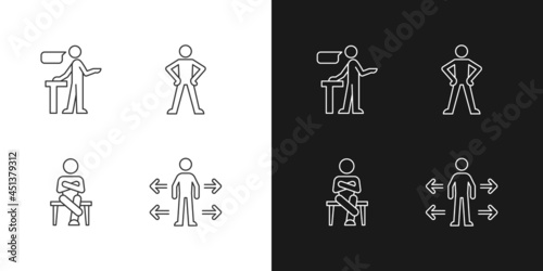 Communication skills linear icons set for dark and light mode. Confident speaking. Confidence body language. Customizable thin line symbols. Isolated vector outline illustrations. Editable stroke