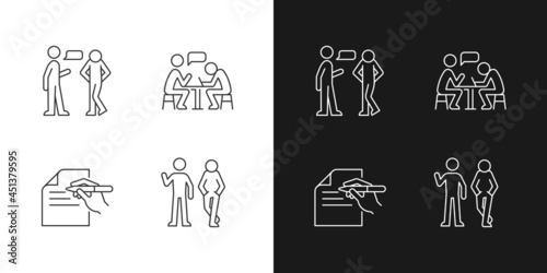 Understanding in communication linear icons set for dark and light mode. Nonverbal signal. Attitudinal barriers. Customizable thin line symbols. Isolated vector outline illustrations. Editable stroke