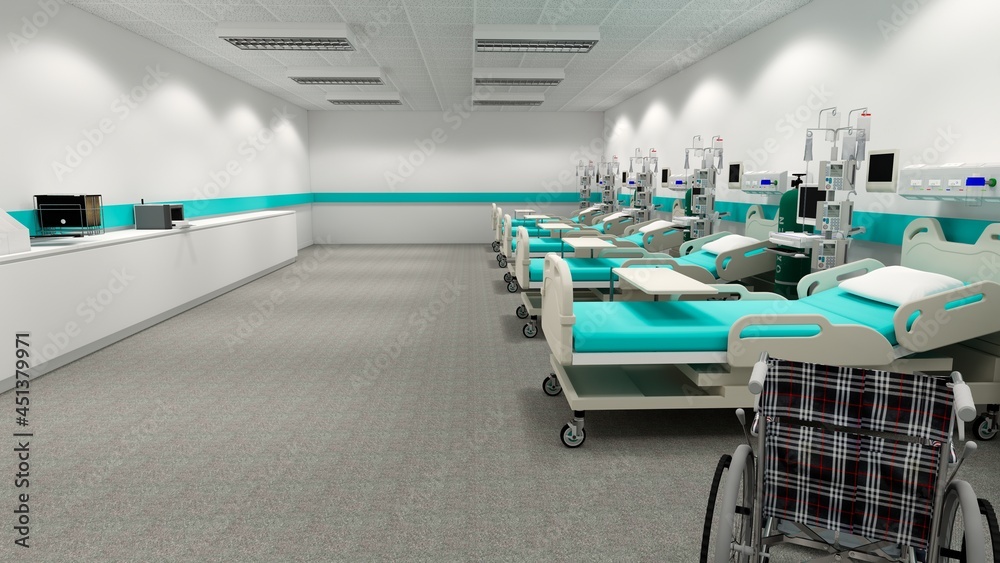 Hospital room with beds .Empty bed and wheelchair in nursing a clinic or hospital .3d rendering room and comfortable sofa.Modern hospital,health care concept. Hospital room with beds .Empty bed and wheelchair in nursing a clinic or hospital .3d rendering room and comfortable sofa.Modern hospital,health care concept.