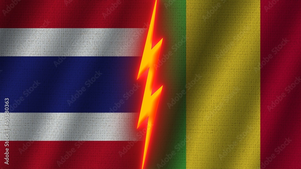 Mali and Thailand Flags Together, Wavy Fabric Texture Effect, Neon Glow Effect, Shining Thunder Icon, Crisis Concept, 3D Illustration