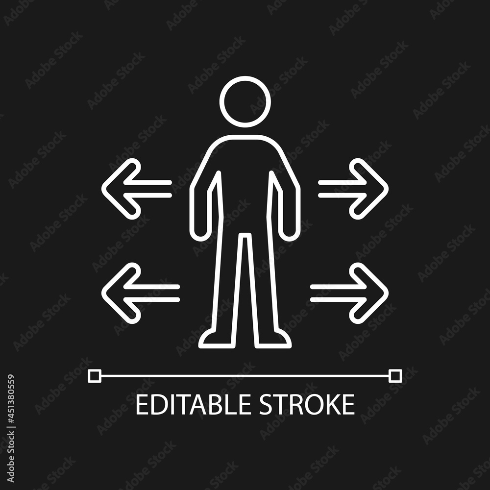 Personal space white linear icon for dark theme. Interpersonal distance between people. Thin line customizable illustration. Isolated vector contour symbol for night mode. Editable stroke Personal space white linear icon for dark theme. Interpersonal distance between people. Thin line customizable illustration. Isolated vector contour symbol for night mode. Editable stroke