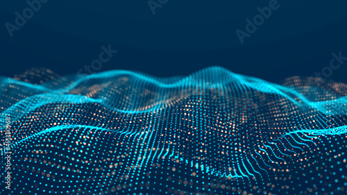 Futuristic wave with many dots. Abstract motion background of colored dots. Technology or science. 3d