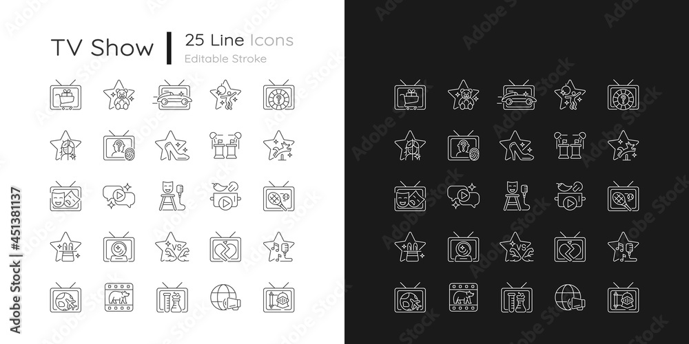 Fototapeta premium TV show linear icons set for dark and light mode. Television entertainment. Media fun series. Customizable thin line symbols. Isolated vector outline illustrations. Editable stroke