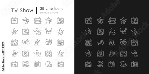 TV show linear icons set for dark and light mode. Television entertainment. Media fun series. Customizable thin line symbols. Isolated vector outline illustrations. Editable stroke