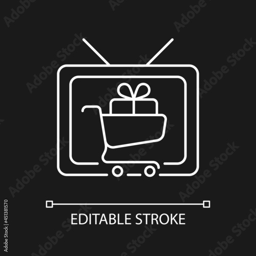 Shopping show white linear icon for dark theme. Teleshopping program. Movie about shopaholic. Thin line customizable illustration. Isolated vector contour symbol for night mode. Editable stroke