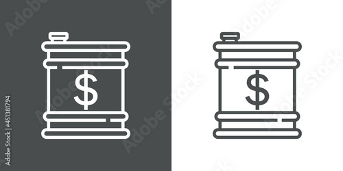 Icono plano silueta de barril metálico de aceite con símbolo del dólar con lineas en fondo gris y fondo blanco
