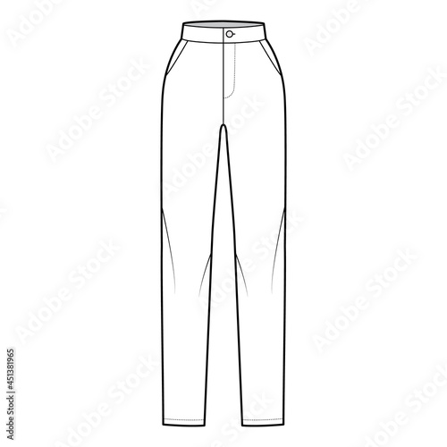 Pants slim fitted straight technical fashion illustration with normal waist, high rise, full length, slashed pockets. Flat bottom trousers apparel template front, white color. Women men unisex mockup