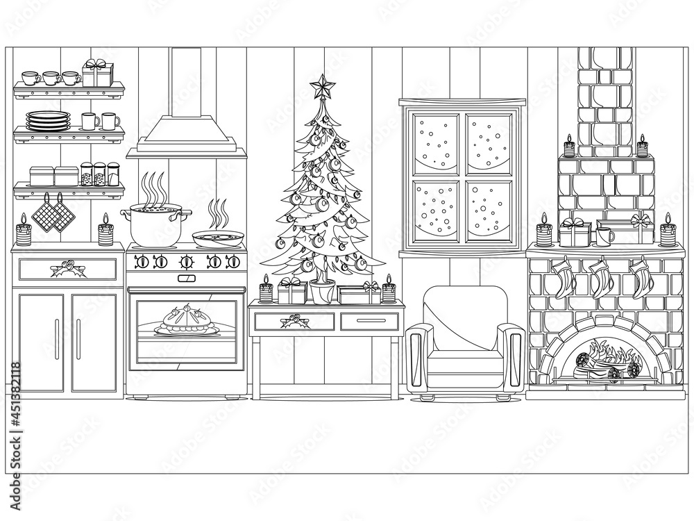 Festive decorated kitchen for the new year and Christmas. Vector coloring.