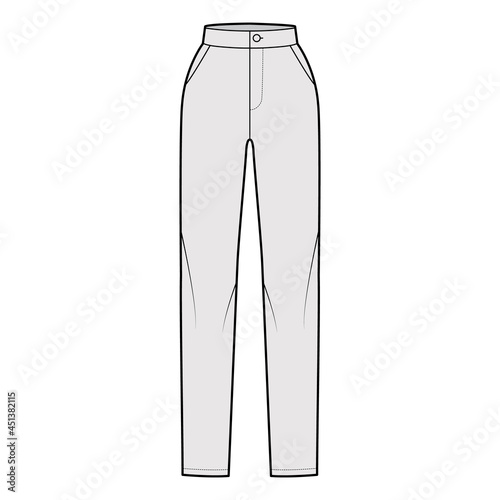 Pants slim fitted straight technical fashion illustration with normal waist, high rise, full length, slashed pockets. Flat bottom trousers apparel template front, grey color. Women unisex CAD mockup