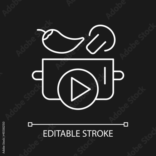 Cookery show white linear icon for dark theme. Cooking tutorial. Food preparing on television. Thin line customizable illustration. Isolated vector contour symbol for night mode. Editable stroke