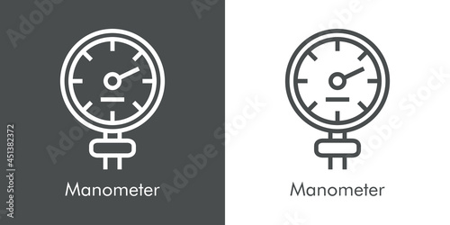Icono plano con texto Manometer y silueta de manómetro con lineas en fondo gris y fondo blanco