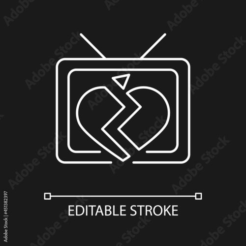 Soap opera white linear icon for dark theme. TV drama series. Sentival film with love plot. Thin line customizable illustration. Isolated vector contour symbol for night mode. Editable stroke