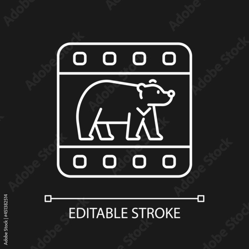 Wildlife documentary white linear icon for dark theme. Educational television series about animals. Thin line customizable illustration. Isolated vector contour symbol for night mode. Editable stroke