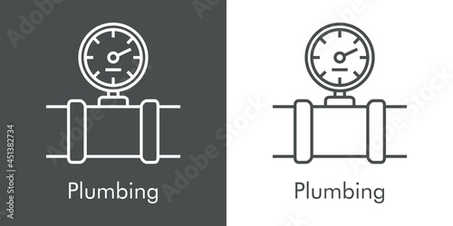 Icono plano con texto Plumbing y silueta de tubería con manómetro con lineas en fondo gris y fondo blanco
