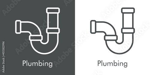 Icono plano con texto Plumbing y silueta de tubería de desagüe con forma de sifón con lineas en fondo gris y fondo blanco
