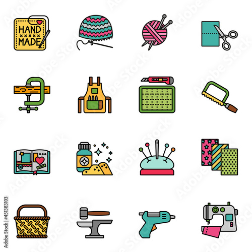 Craft work, Crafting handmade icons set 2 with white background. Colored Thin Line Style Stroke vector.