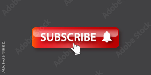 Red subscribe button with ring bell isolated on stylish grey background. Subscribe banner design template with glossy red glass Subscribe video or channel button and hand