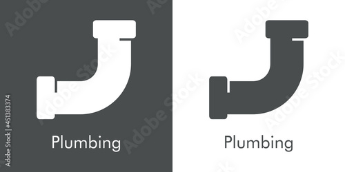 Icono plano con texto Plumbing y silueta de tubería con forma de curva en fondo gris y fondo blanco