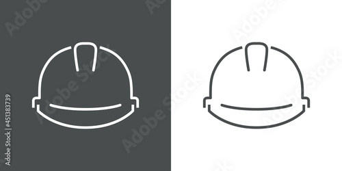 Seguridad en el trabajo. Icono plano silueta de casco con lineas en fondo gris y fondo blanco