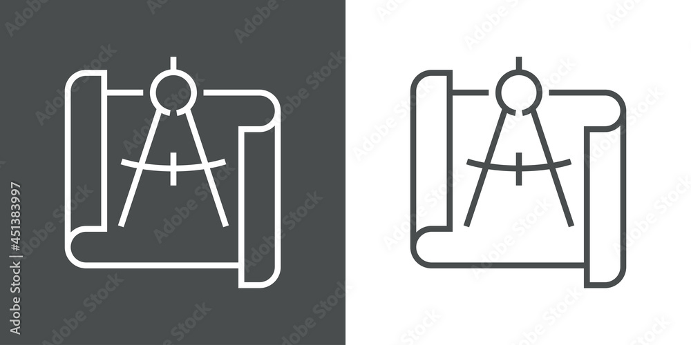 Icono silueta de plano de papel con herramienta de dibujo compás separador con lineas en fondo gris y fondo blanco Icono silueta de plano de papel con herramienta de dibujo compás separador con lineas en fondo gris y fondo blanco
