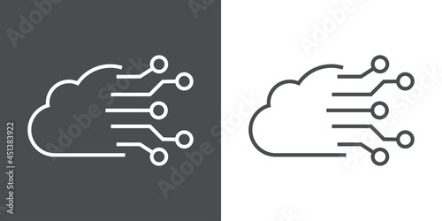 Computing cloud. Logotipo silueta de nube con circuito digital con lineas en fondo gris y fondo blanco