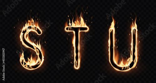 Three fire letters on a dark background. A special transparent smoke effect. Highly realistic illustration.